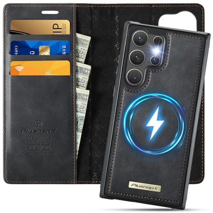 for Samsung Galaxy S25 Ultra 2in1 Detachable Wallet Case, Black | Compatible with Magsafe, Magnetic, RFID Blocking Card Holder, Shockproof, Kickstand, Wireless Charging, PU Leather Flip Cover - color: Retro Black, size: Galaxy S25 Ultra - 6.9"