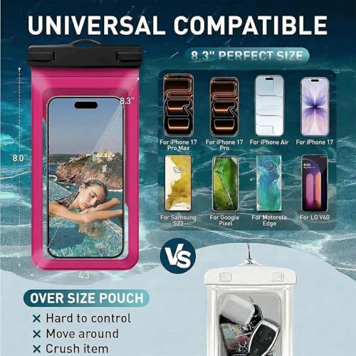 Waterproof Phone Pouch for iPhone 17 16 15 Pro Max IPX8 Black+Rose | Card Pocket, Lightweight, Large Cellphone Dry Bag, IPX8 Rated, Beach Essential, Cruise Ship, 2 Pack, 8.3 inch - color: B2-Black+Rose Red- 2 pack