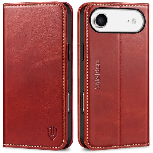 SHIELDON Genuine Leather Case Wallet for iPhone Air 6.5" 2025, Retro Red | Magnetic Closure, RFID Blocking, Credit Card Slot, Kickstand, Flip Book Design, Shockproof Phone Cover - color: Retro Red
