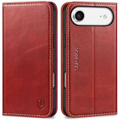 SHIELDON Genuine Leather Case Wallet for iPhone Air 6.5" 2025, Retro Red | Magnetic Closure, RFID Blocking, Credit Card Slot, Kickstand, Flip Book Design, Shockproof Phone Cover - color: Retro Red