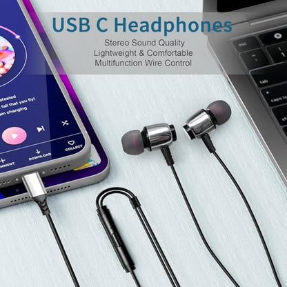 VPB 2 Packs USB C Wired Earbuds with Microphone, Type C in-Ear Earphones, Heavy Bass Clear Sound, for USB Type C iPhone 15 iPad Pro MacBook Samsung Google Pixel Android Devices (Black White)