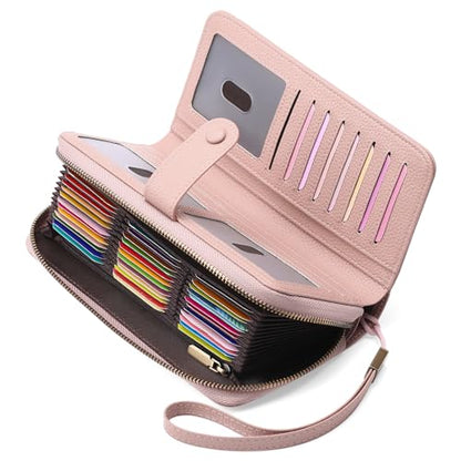 GAEKEAO Leather Credit Card Holder Wallet for Women RFID Blocking Large Capacity Bifold Zipper Card Case Organizer with Wristlet 45 Slots - color: Light Pink