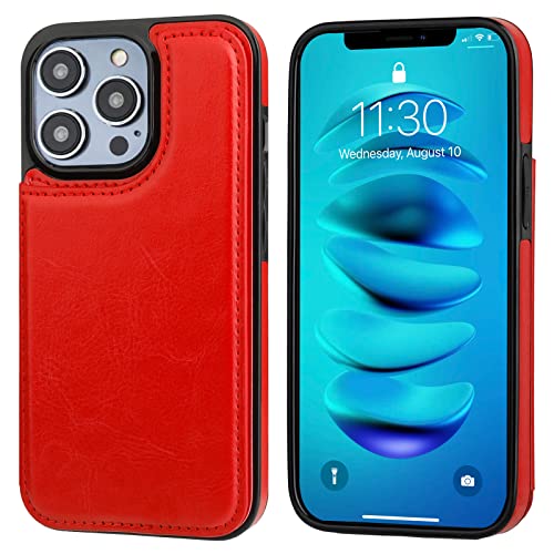 ONETOP for iPhone 14 Pro Max Wallet Case with Credit Card Holder,Red | Kickstand,ID/Cash Holder,Case Wallet with Card Slots,Double Magnetic Clasp,Durable PU Leather Shockproof Cover for Women Men - color: Red
