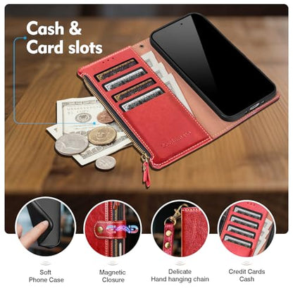 Compatible with iPhone 13 Wallet Case with Card Holder RFID Blocking Zipper Poket PU Leather Flip Phone Case with Wrist Strap Credit Card Slots Men Women,for Apple 13 6.1",Red - color: Red, size: iPhone 13 - 6.1"