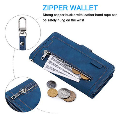 EYZUTAK Wallet Phone Case for Samsung Galaxy A15 4G/5G, Retro Matte 9 Card Holder Slots Zipper Pocket Handbag Case PU Leather Magnetic Closure Kickstand with Wrist Strap Flip Folio Purse Case - Blue - color: Blue, size: Samsung Galaxy A15 4G/5G