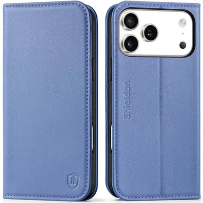 SHIELDON Real Leather Case Wallet for iPhone 17 Pro Max, Wisteria Purple | Folio Magnetic Closure, RFID Blocking, Credit Card Holder, Kickstand, Shock Absorbing Protective Cover for Men Women - color: Wisteria Purple