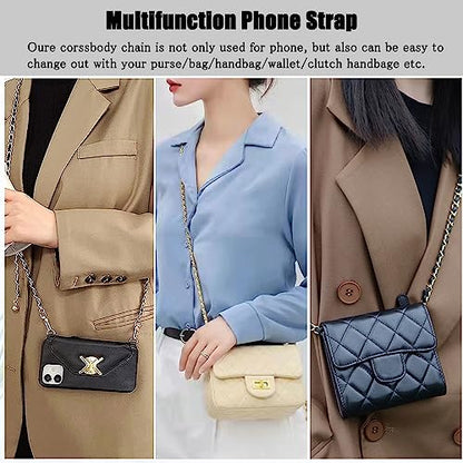 Phone Crossbody Chain Cell Phone Lanyard,Leather+Metal Shouder Strap Universal Abjustable Phone Chain Strap with Cellphone Tether Patches Compatible with Most Phones Bag Purse Silver+Black - color: A