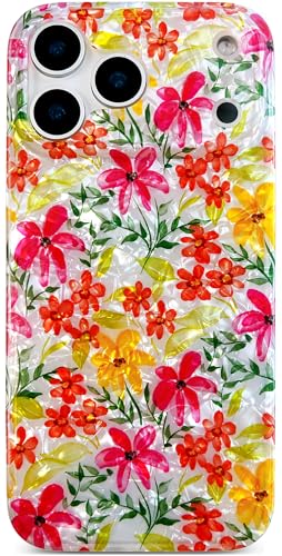 Qokey Case for iPhone 17 Pro Max 6.9" - Glitter Floral Design, Anti-Scratch Seashell Pattern, Clear Anti-Yellowing Shell, Military-Grade Shockproof Protection, Soft-Touch Slim Cover, Orange Red Flower - color: Orange Red