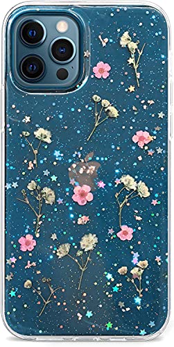 Abbery iPhone 12 Pro Max Case - Pink Gypsophila Floral Design, Glitter Sparkle, Soft Silicone TPU, Real Pressed Flowers, Aesthetic & Protective for Women & Girls - color: Pink Gypsophila, size: for iPhone 12 Pro Max