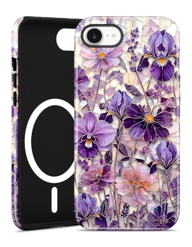 Jusy Magnetic Stained Glass Floral Case for iPhone 14 Pro, Iris | Compatible with MagSafe, Cute Aesthetic Flower Design, TPU and PC Protective Shockproof Cover - color: Iris