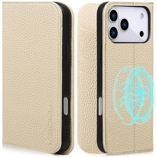 VISOUL Pebbled Leather Wallet Case for iPhone 17 Pro Max 6.9" 2025, Genuine Leather Flip Folio Cover with RFID Blocking Card Holders, Kickstand, Soft TPU Protective Flip Cover-(White+White) - color: White+White