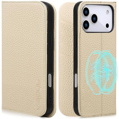VISOUL Pebbled Leather Wallet Case for iPhone 17 Pro Max 6.9" 2025, Genuine Leather Flip Folio Cover with RFID Blocking Card Holders, Kickstand, Soft TPU Protective Flip Cover-(White+White) - color: White+White