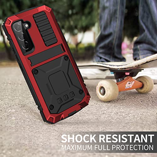 Simicoo Compatible with Samsung S22 Plus Metal Bumper Silicone Case with Stand Hybrid Military Shockproof Heavy Duty Rugged case Built-in Screen Protector Cover (Red) - color: Red, size: S22 Plus