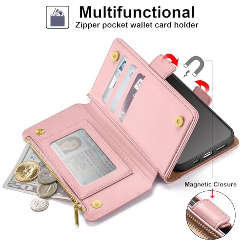 Antsturdy for iPhone 17 Phone Wallet Case Women,Pink | RFID Blocking,with Credit Card Holder Slots,PU Leather Purse,Zipper Pocket,Wrist Strap Kickstand,Flip Folio Cover for Men - color: Pink