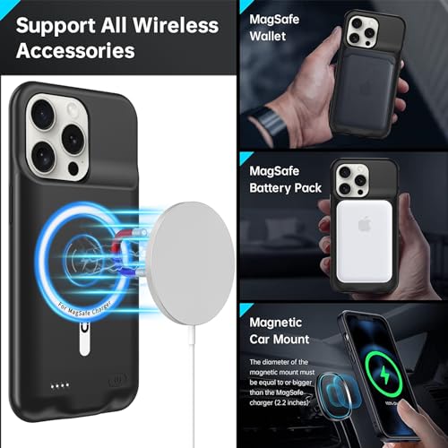 Wireless Charging Case for iPhone 15 Pro, 10000mAh High Capacity Portable Rechargeable Battery Case Wireless Charging Compatible with iPhone 15 Pro (6.1 inch) Extended Battery Charger Case (Black) - size: iPhone 15 Pro