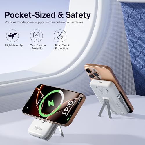 Magnetic Portable Charger Built-in Cables,10000mAh Fast Charging Wireless Charger Station External Battery Pack Slim Pocket Size Power Bank with Stand Compatible with iWatch, iPhone - color: White