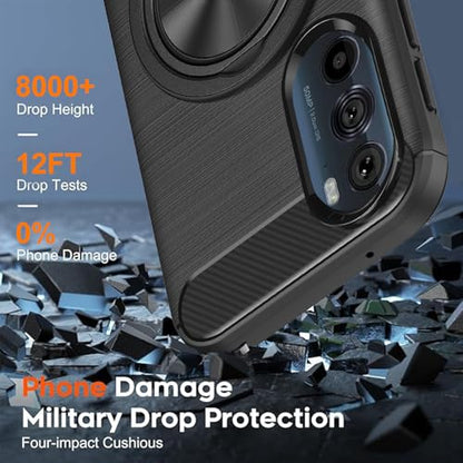 Compatible for Motorola Edge Plus 2022 / Edge Plus 5G UW 2022 Case with Screen Protector, 360° Rotatable Ring Holder & Kickstand, Flexible TPU Rubber Carbon Fiber Jacket Protective Cover Case (Black) - color: Moto Edge plus 2022 Black