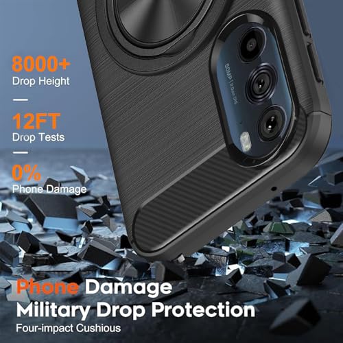 Compatible for Motorola Edge Plus 2022 / Edge Plus 5G UW 2022 Case with Screen Protector, 360° Rotatable Ring Holder & Kickstand, Flexible TPU Rubber Carbon Fiber Jacket Protective Cover Case (Black) - color: Moto Edge plus 2022 Black