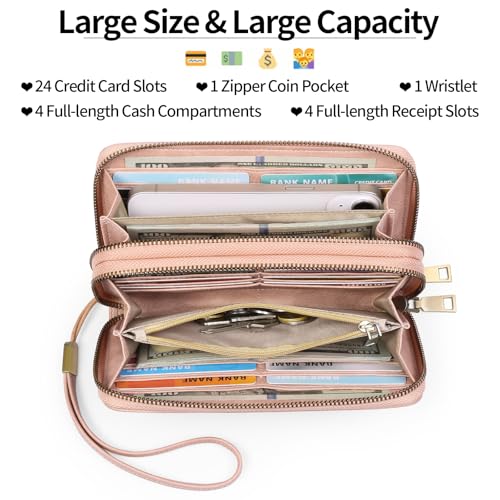 GAEKEAO RFID Leather Wristlet Wallet for Women with Grip Strap | Large capacity clutch wallet, credit card holder, wrist strap, zipper purse, travel and shopping - color: A10 Retro Light Pink-1