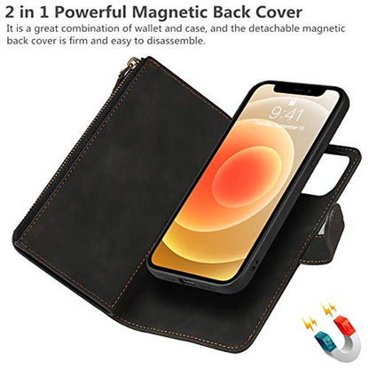 iCoverCase for iPhone 12 Mini Wallet Case with Card Holder and Wrist Strap, PU Leather Kickstand Card Slots Zipper Pocket Magnetic [Detachable] Flip Cover Case 5.4 Inch (Black) - color: Black