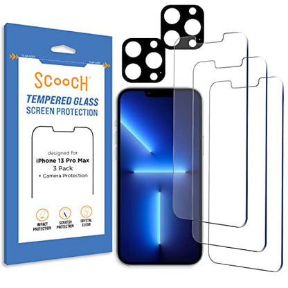 Scooch® Tempered Glass Multipack for iPhone 13 Pro Max, 3 Screen Protectors and 2 Camera Lens Protectors, Premium 9H Tempered Glass, Anti-Scratch, Anti-Fingerprint, Impact Resistant - size: iPhone 13 Pro Max
