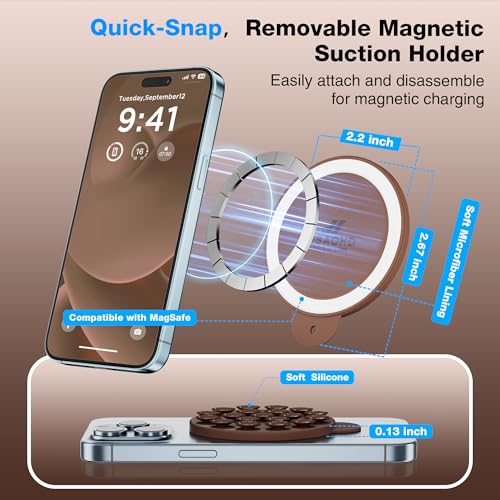 Magnetic Suction Cup Phone Mount with MagSafe, Silicone Hands-Free Grip Holder for iPhone Case and Android, Mirror Shower Phone Stand for Makeup FaceTime Gym Kitchen Bathroom, Chocolate - color: Chocolate