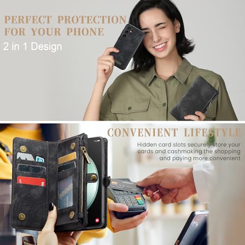 Samsung Galaxy S23 FE Wallet Case,Zipper Folio Leather Case Wallet with Card Holder Strap Wristlet Detachable Magnetic Protective Back Case for Samsung Galaxy S23 FE 5G 6.4 Inch(Black) - color: Black, size: S23 FE 5G 6.4 Inch