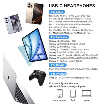 USB C Headphones for Samsung Galaxy S24 S23Ultra FE S22, USB C Earphones Wired with Mic Stereo Type C Headphones Magnetic in-Ear Type C Earbuds for Galaxy A55 A16 A35 ipad iPhone 16 15