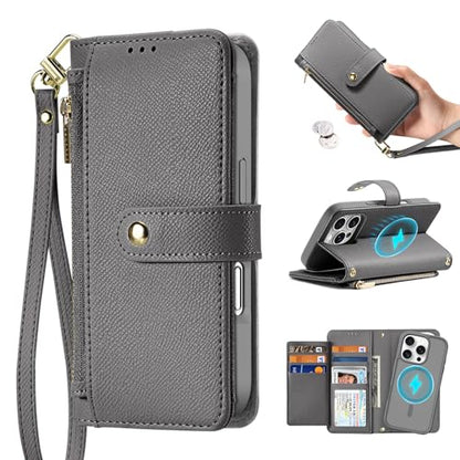 for iPhone 16 Pro Wallet Case, iPhone 16 Pro Case Wallet Gray | Compatible with Magsafe, RFID Blocking, Zipper Card Holder, PU Leather Flip Folio Case, Strap Wallet Case, Phone Kickstand - color: Gray, size: iPhone 16 Pro