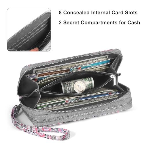 RFID Blocking Cellphone Wallet for Women with Wrist Strap, Double Zipper Travel Clutch Purse Large Capacity, Fissidens Flower - color: Pink Fissidens Flower