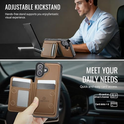 WJX for iPhone 16 MagSafe Wallet Case, 2-in-1 Detachable Luxury Card Holder, Universal MagSafe Compatible, RFID Blocking, Shockproof Kickstand Slim Cover， Brown - color: Brown, size: iPone 16