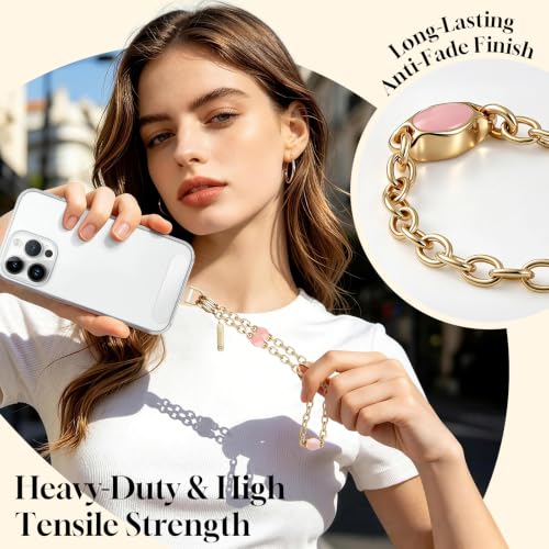Metal Phone Chain Set,Crossbody Phone Lanyard and Wristlet Strap - color: PinkGold, size: Extend
