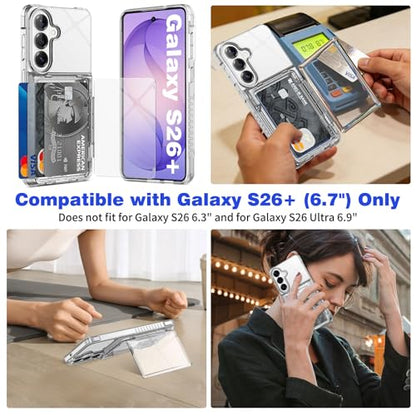 for Samsung S26 Plus Wallet Case 4 Credit Card ID Holder Clear Flip | Cover for Galaxy S26+ Kickstand Card Holder Slot for Men Women Shockproof Dual Layer TPU Hard Shell Protective Tough Bumper - size: for Galaxy S26 Plus, 6.7“