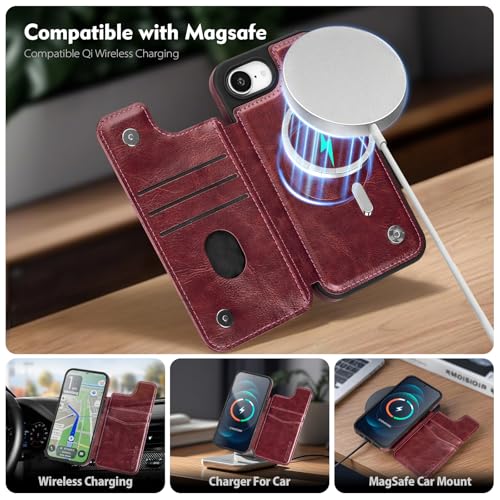 SkyEagle Compatible with MagSafe iPhone 17e / 16e Case Wallet,Wine Red | Magnetic Clasp,RFID Blocking,PU Leather,Flip Folio Shockproof Phone Cover,with Credit Card Slots & Kickstand for Men & Women - color: Wine Red