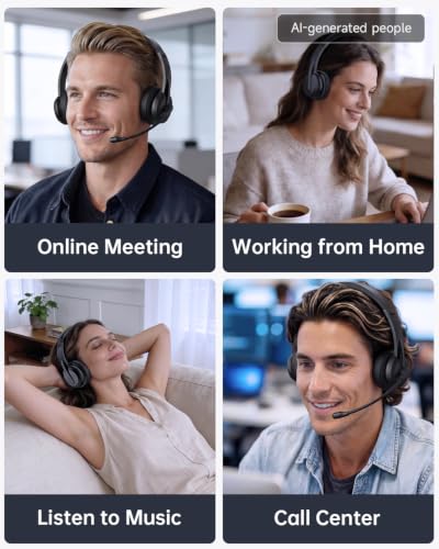AOC Wireless Headset with Mic for Work, Bluetooth 5.4 Wireless Headset with AI Noise Canceling Mics, USB A/C Dongle, Charging Base & Mic Mute, Wireless Headphones for Laptop, PC (Classic Black)