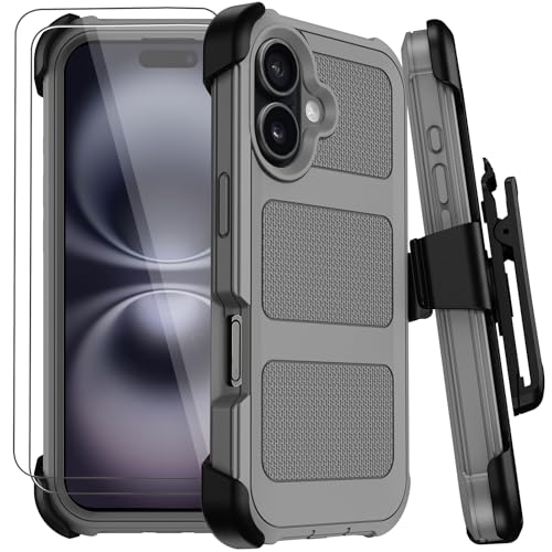 Wedall for iPhone 16 Plus Case with Belt Clip Holster,Anti-Drop Shockproof Bumper Phone Cases with 2X Screen Protectors & Kickstand,Rugged Heavy Duty Military Grade Protective Defender Cover (Gray) - color: Gray