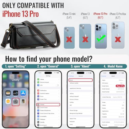 Strapurs Wallet Case Compatible with iPhone 13 Pro RFID Blocking 7-Card Holder Soft PU Leather Magnetic Snap Shoulder Strap Zipper Pocket Phone Case Fit for iPhone 13 Pro 6.1" - Black | RFID Blocking 7-Card Holder, Shoulder Lanyard, Wirst Strap, Zipper Po