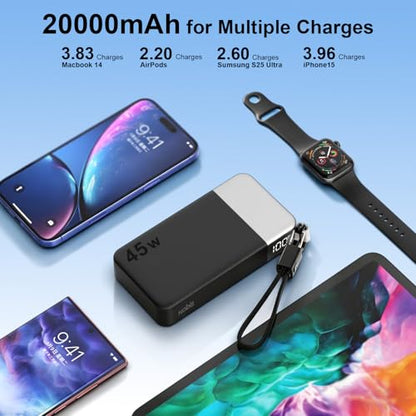 NOBIS Portable Charger 20000mAh 45W Power Bank w/Detachable Cable - color: Black