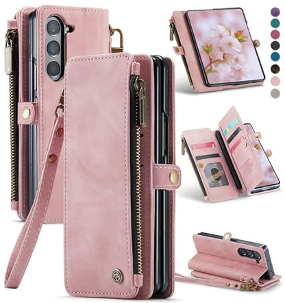 Defencase for Samsung Galaxy Z Fold 6 Wallet Case with Card Holder, Pink | Durable Soft PU Leather, RFID Blcking Zipper Pocket, with S-Pen Holder & Strap, Flip Phone Cases with Stand for Women Men - color: Airy Rose Pink