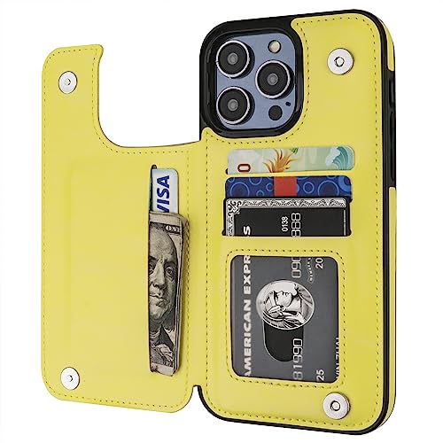 ONETOP for iPhone 14 Pro Max Wallet Case with Credit Card Holder,Yellow | Kickstand,ID/Cash Holder,Case Wallet with Card Slots,Double Magnetic Clasp,Durable PU Leather Shockproof Cover for Women Men - color: Yellow