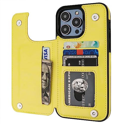 ONETOP for iPhone 14 Pro Max Wallet Case with Credit Card Holder,Yellow | Kickstand,ID/Cash Holder,Case Wallet with Card Slots,Double Magnetic Clasp,Durable PU Leather Shockproof Cover for Women Men - color: Yellow