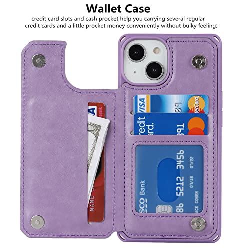 iCoverCase Compatible with iPhone 14 Wallet Phone Case with Card Holder for Women, RFID Blocking Embossed PU Leather Wrist Strap Case 6.1 Inch (Macaron Purple) - color: P-Purple