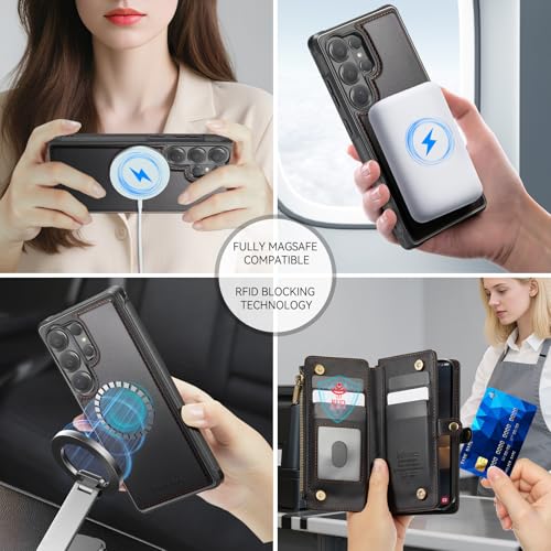 Defencase for Galaxy S26 Ultra Case Wallet Compatible with Magsafe, Black | Magnetic Detachable, RFID Bolcking Card Holder, Zipper Strap, PU Leather Drop-Proof Phone Cover for Samsung Galaxy S26 Ultra - color: (Detachable with Magsafe)-Black