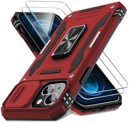 DEERLAMN Case for iPhone 15 with Slide Camera Cover + Screen Protector (2 Packs), Rotated Ring Kickstand Military Grade Shockproof Protective Cover-Red - color: Red