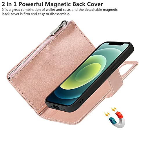iCoverCase for iPhone 12 Mini Wallet Case with Card Holder and Wrist Strap, PU Leather Kickstand Card Slots Zipper Pocket Magnetic [Detachable] Flip Cover Case 5.4 Inch (Rose Gold) - color: Rose Gold