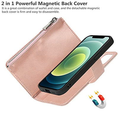 iCoverCase for iPhone 12 Mini Wallet Case with Card Holder and Wrist Strap, PU Leather Kickstand Card Slots Zipper Pocket Magnetic [Detachable] Flip Cover Case 5.4 Inch (Rose Gold) - color: Rose Gold