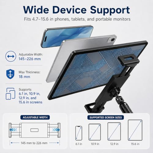 Tablet Arm Mount for Desk, 30” Long iPad Holder with C-Clamp, 4.7-15.6 in