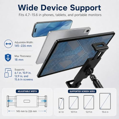 Tablet Arm Mount for Desk, 30” Long iPad Holder with C-Clamp, 4.7-15.6 in