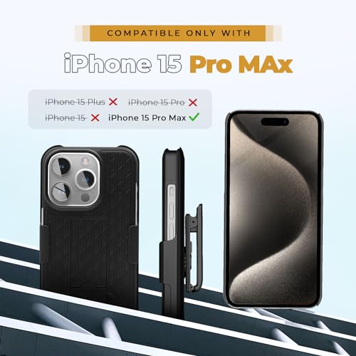 MOTIVE for iPhone 15 Pro Max Case with Belt Clip, Rigid, Kickstand | 6.7" | Ranger v1 Series, Black, 360° holster, open-top/open-bottom port access, textured grip, slim - size: iPhone 15 Pro Max