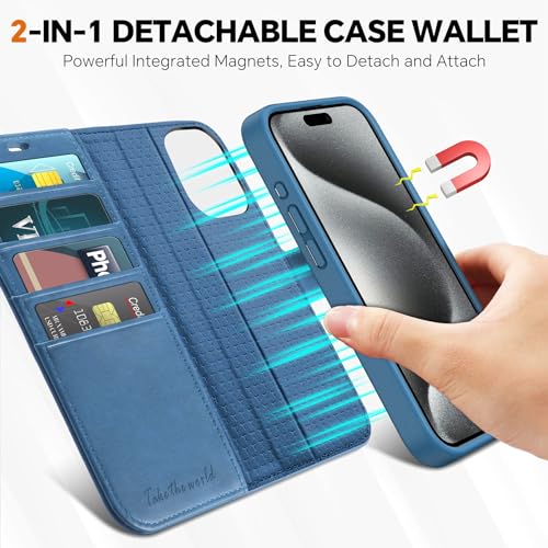 TUCCH 2-in-1 Removable Wallet Case for iPhone 15 Pro Max (6.7"), Light Blue | RFID Blocking, 4 Card Holders, Kickstand, Wireless Charging, Shockproof TPU, PU Leather, Magnetic, Flip Cover - color: Lake Blue (2-in-1 Detachable)